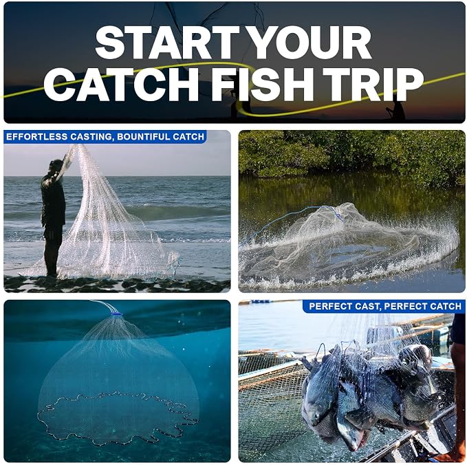 Goture American Fishing Cast Net Saltwater Freshwater,3/8in Mesh Size Casting Net for Bait Fish Shrimp Trap,Heavy Duty Sinkers Dual Color Double Selvage,3ft-12ft Radius Throw Cast Net with Needle