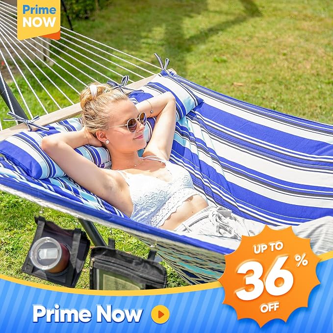 SUNCREAT Hammock Double Hammock with Stand, Carrying Bag, Two Person Cotton Rope Hammock, Blue Stripe