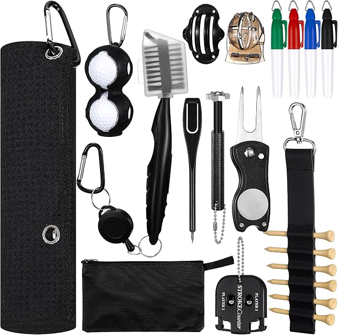 Syhood 21 Pcs Golf Accessories Kit Cleaning Kit Include Golf Brush, Towel, Groove Sharpener, Divot Repair Tool, Ball Alignment Portable Tool Gifts Graduation for Men