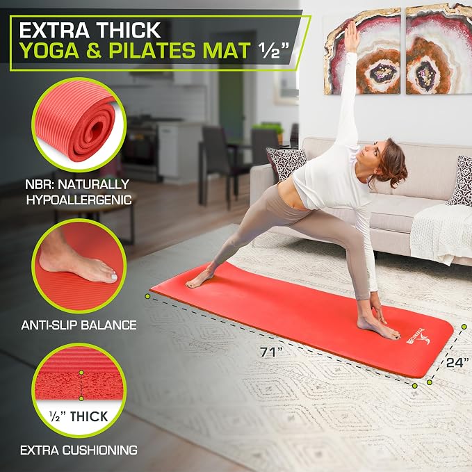 ProsourceFit Extra Thick Yoga and Pilates Mat 1/2” (13mm) or 1" (25mm), 71-inch Long High Density Exercise Mat with Comfort Foam and Carrying Strap