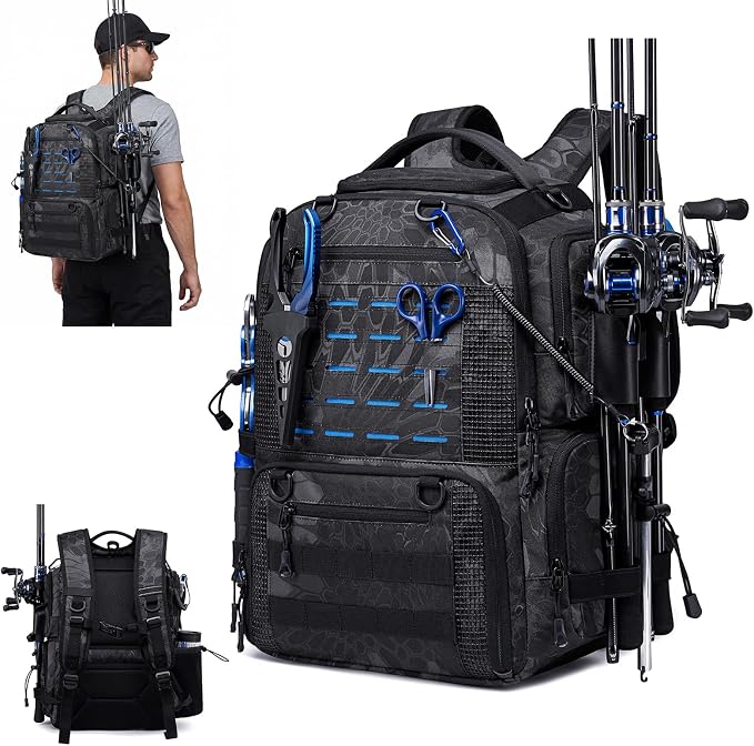 Fishing Tactical Backpack with 2 Rod Holders, Waterproof Tackle Bag with Bottle Holder,50L Large Storage Bag for Fishing Gear and Equipment, Black Camo