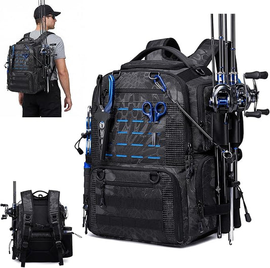 Fishing Tactical Backpack with 2 Rod Holders, Waterproof Tackle Bag with Bottle Holder,50L Large Storage Bag for Fishing Gear and Equipment, Black Camo
