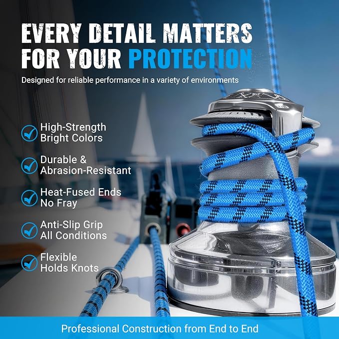 1/2Inch Arborist Rope 150Ft - 9000lbs Heavy Duty Nylon Rope Rappelling Rope, Double Braided Arborist Bull Rope for Tree Work, Hiking, Rigging, Pulling, Swing, Caving, Sailing - Blue