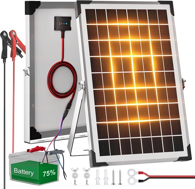 Voltset Solar Battery Trickle Charger: 10 Watt 12V Solar Panel Maintainer for Car Boat - Waterproof Monocrystalline Solar Charger with Controller for RV Marine Trailer Truck Motorcycle