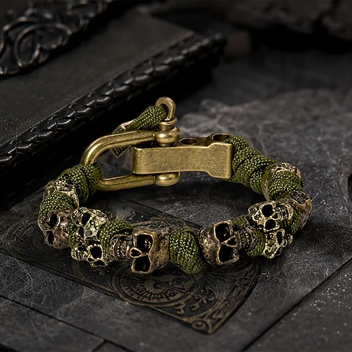 Skull Paracord Bracelet Black Green Paracord Bracelet Adjustable Gothic Design Bracelets with Metal Skull Charms U-Shackle Closure