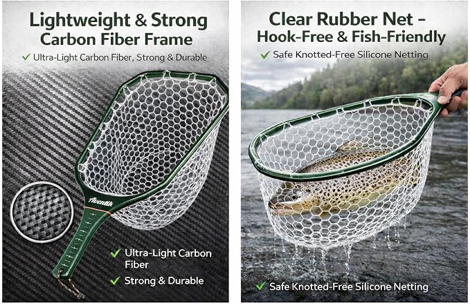 Aventik Fly Floating Fishing Net Carbon Fiber Landing Trout Net Light Weight Clear Rubber Ghost Net Catch & Release