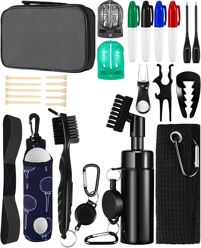 Golf Essentials Kit | Must Have Golf Accessories - Golf Water Brush, Golf Towel, Golf Club Brush, Golf Ball Marker, Divot Repair Tool