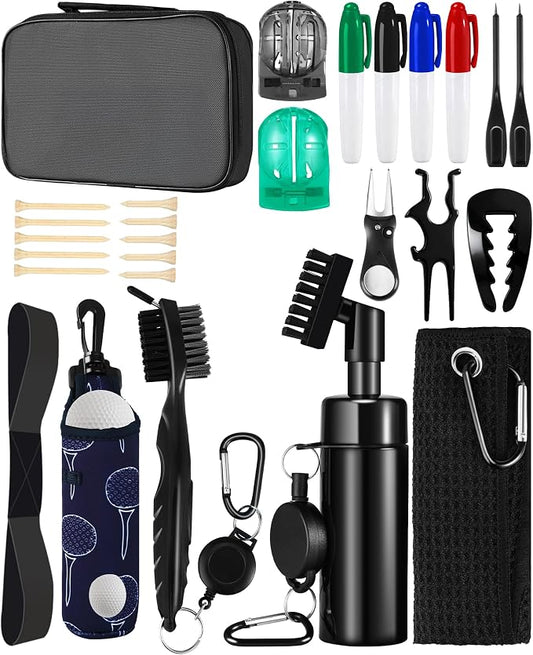 Golf Essentials Kit | Must Have Golf Accessories - Golf Water Brush, Golf Towel, Golf Club Brush, Golf Ball Marker, Divot Repair Tool