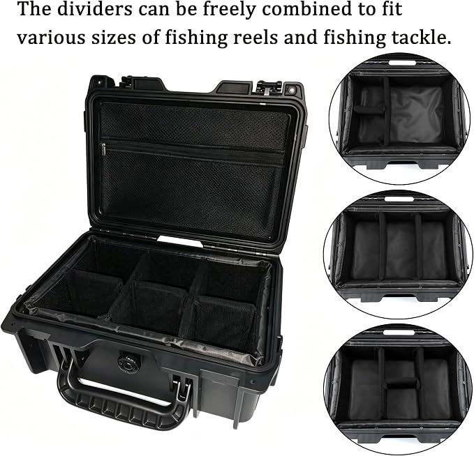 Fishing Reels Storage Case,Lockable Waterproof Fishing Wheel Protective Hard Case for Spinning Baitcasting Fly Reels,6pcs Adjustable Shockproof Dividers(Black with mesh bag)