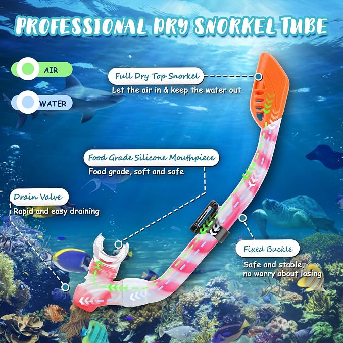 Snorkeling Gear for Kids, 4 in 1 Child Mask Fins Snorkel Set with Panoramic View Anti Fog Mask, Dry Top Snorkel, Trek Fins and Travel Bag, Kids Snorkeling Set with Fins for Snorkeling Swimming