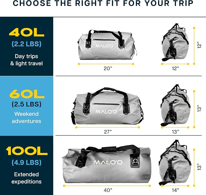 Malo’o Waterproof Dry Duffel, Heavy-Duty Roll Top Waterproof Gear Bag with Shoulder Strap & Molle Loops, Marine Duffel for Kayaking, Boating, Camping, Beach & Travel, Grey, 60L