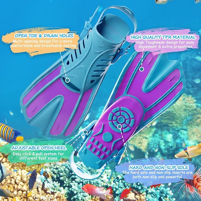 Snorkeling Gear for Kids, 4 in 1 Child Mask Fins Snorkel Set with Panoramic View Anti Fog Mask, Dry Top Snorkel, Trek Fins and Travel Bag, Kids Snorkeling Set with Fins for Snorkeling Swimming
