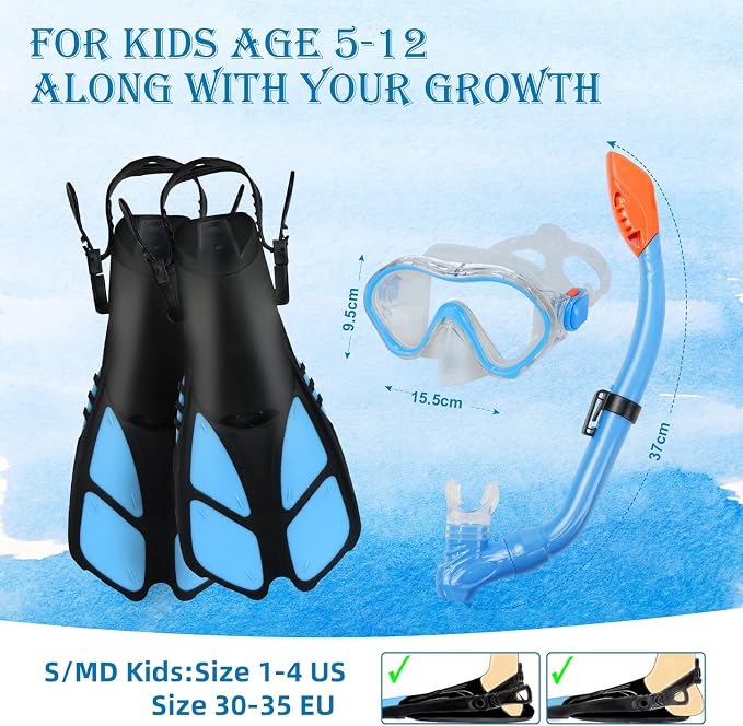 Kids Snorkeling Set - Adjustable Flippers + Panoramic Snorkel Mask + Dry Snorkel Tube + Travel Bags - Suitable for Kids & Juniors, Age 5-14