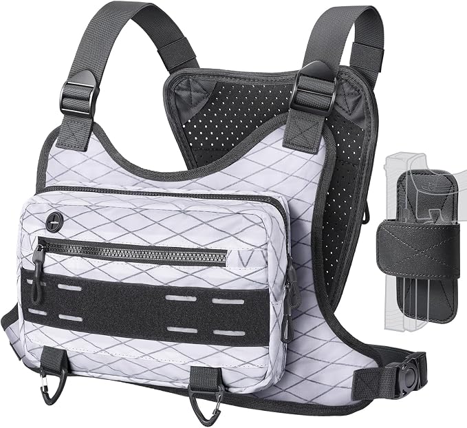 RXW Outdoor Sport Chest Rig for Men Women, Running Vest Bag with Pack Holster, Chest Pack Built in Phone Holder for Cycling, Camping,Travel, Hiking, Workouts, EDC（White）
