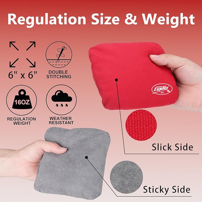 EunHo Regulation Cornhole Bags Set of 8 - Dual Sided Slick and Stick Cornhole Bean Bags for Tossing Game Professional All Weather Pro Corn Hole Bags with Tote Bag