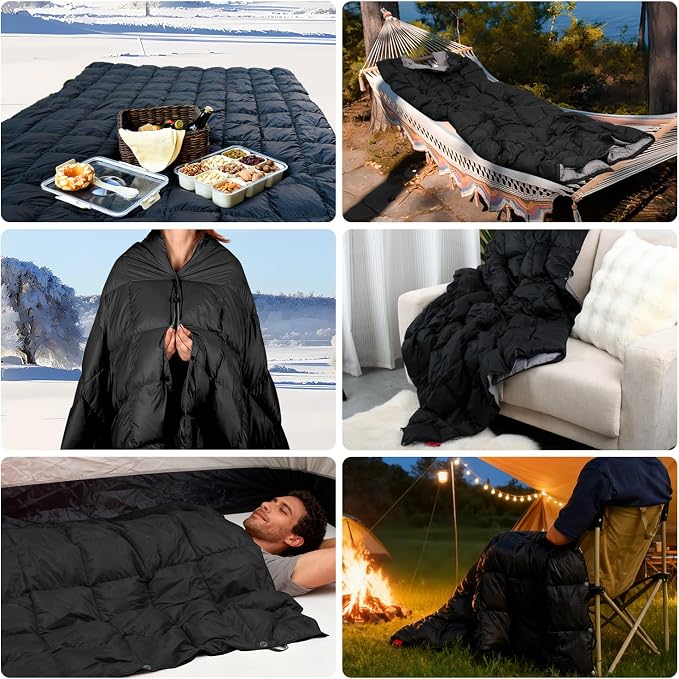 Down Camping Blanket - Lightweight, Packable, Warm & Puffy Outdoor Travel Quilt for Sleep, Hiking, Backpacking, Stadium, Festivals, Water-Resistant Sleeping Bag 55"x79"