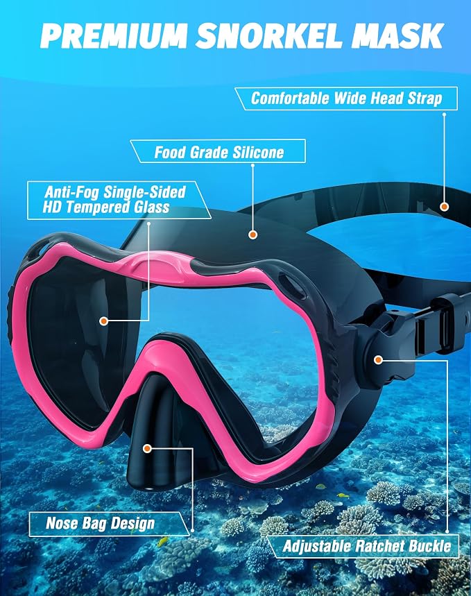 Snorkeling Gear for Adults, Snorkel Mask Set 180° Panoramic View Snorkel Gear, 100% Food-Grade Silicone Anti-Fog Anti-Leak Dry Top Diving Mask for Snorkeling Swimming Scuba Diving