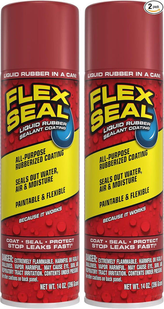 Flex Seal, 14 oz, 2-Pack, Red, Stop Leaks Instantly, Waterproof Rubber Spray On Sealant Coating, Perfect for Gutters, Wood, RV, Campers, Roof Repair, Skylights, Windows, and More