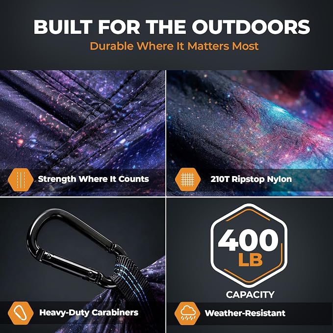 Foxelli Camping Hammock – Ultralight Hammock for Backpacking, Hiking, Festivals, Travel - Easy Setup with Tree-Friendly Ropes & Steel Carabiners, Heavy Duty Parachute Nylon