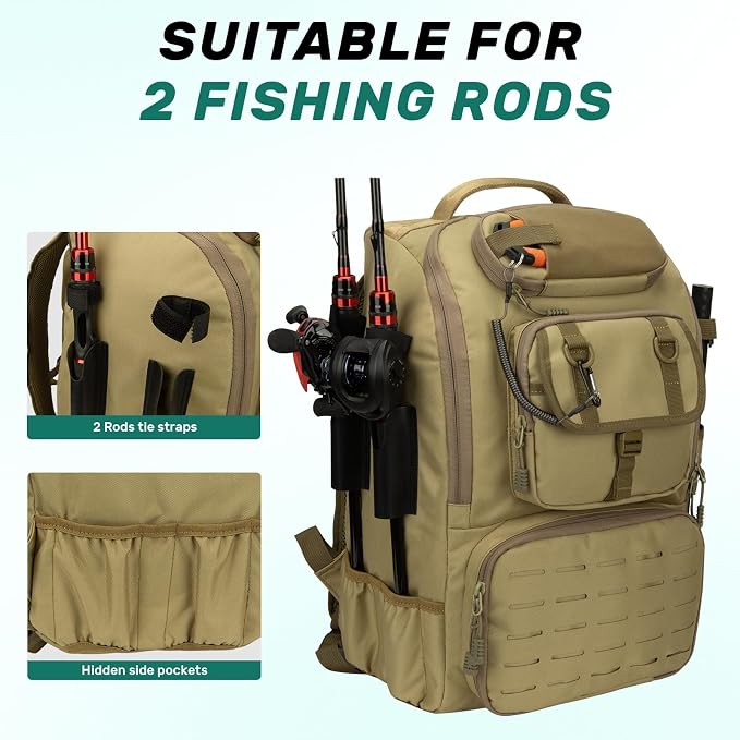 Pyrrhus 40L Fishing Backpack with Rod Holders & Insulated Cooler Compartment, Camping Cooler Tackle Storage for Anglers