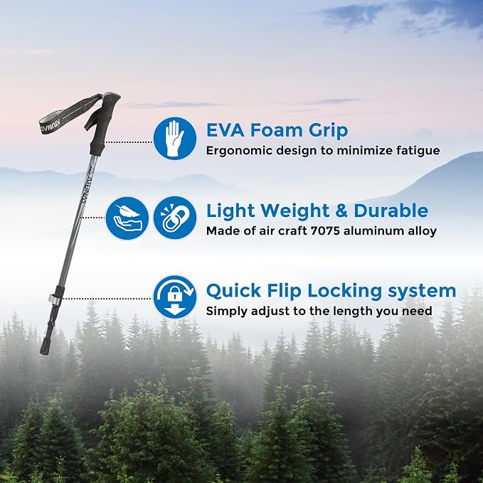 ATUNAS Trekking Poles, 2-Pack Lightweight Aluminum Collapsible Hiking Sticks with EVA Grip and Quick Lock for Men and Women