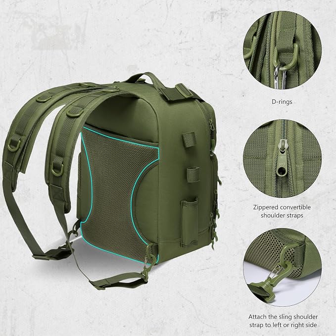 BASSDASH Convertible Fishing Backpack Sling Bag with Rod Holder, Adjustable Tactical Water-Resistant Tackle Storage Pack FP07