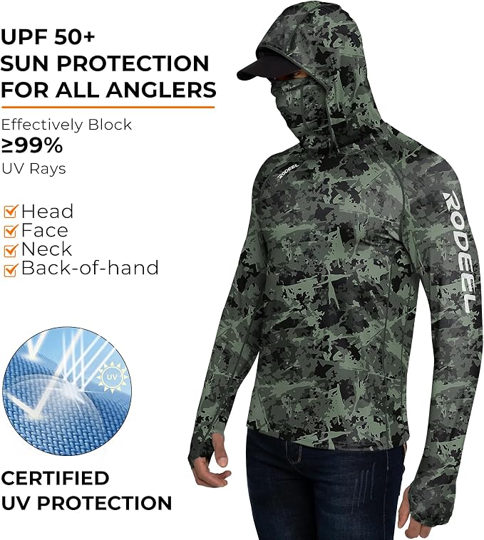 Rodeel Men's UPF 50+ Performance Fishing Hoodie, Long Sleeve Sun Protection Athletic Quick-Dry Breathable T-Shirt