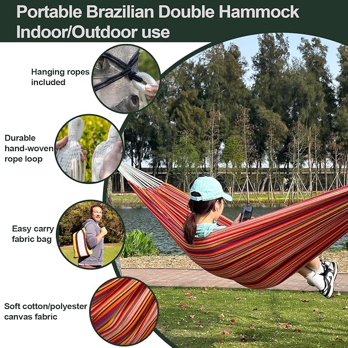JoyView Brazilian Double Hammock with Hanging Ropes Extra Large 86.6x59” Portable Cotton Hammock for Patio Backyard Porch 450LBS Weight Capacity Perfect for Outdoor/Indoor - Black/Red Stripe