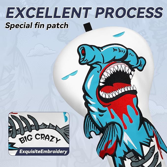 Big Crazy Golf Head Covers, Golf Club Covers Funny, Driver Headcovers, Golf Club Covers, Fairway Woods Head Covers, Hybrids Headcover, Putter Cover with Soft Lining for Golf Gift Hammerhead Sharks