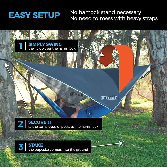 Bear Butt Hammock Rain Fly & Camping Tarp - 11 x 9 ft Ultralight Waterproof Tarp for Hammock & Tent Camping - Easy to Set Up