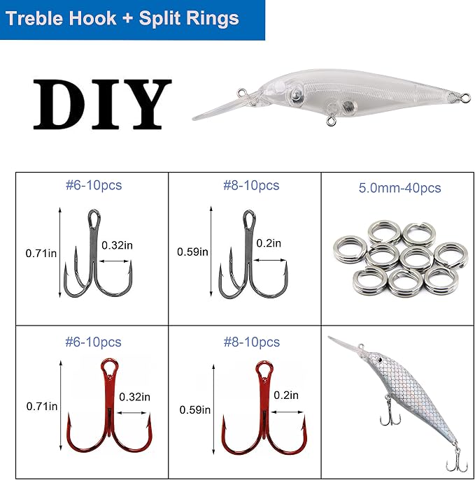 Unpainted Fishing Lures Making Kit DIY Crankbaits Minnow Kit - 321/355pcs Blank Hard Bait Lure Set Include Pliers Treble Hook Split Rings Lure Eyes Stickers Making Supplies Make Your Own Fishing Lures