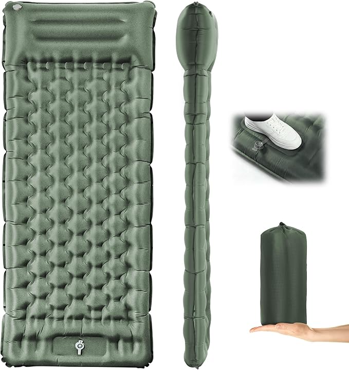 Camping Sleeping Pad, 4.7" Extra-Thick Camping Mattress with Pillow, Built-in Foot Pump Ultralight Inflatable Sleeping Pads for Camping Hiking Backpacking Traveling Tent, Military Green, Single