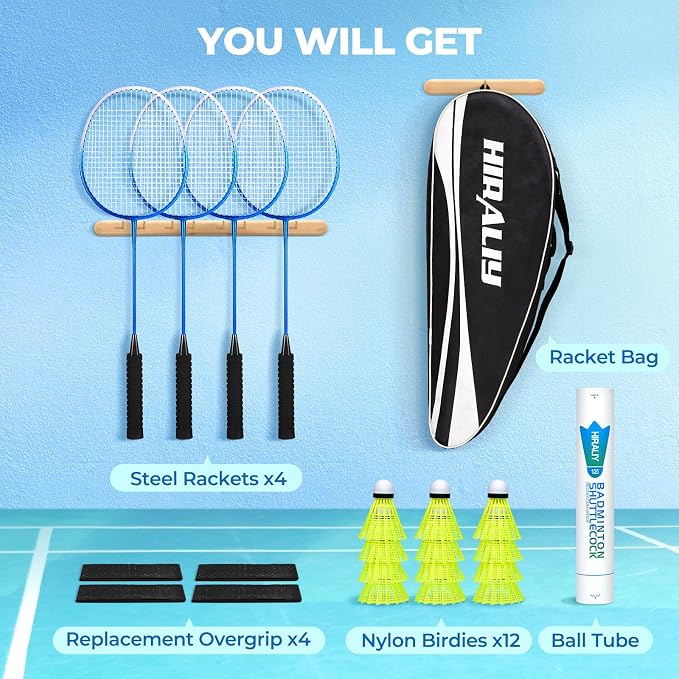 HIRALIY Badminton Rackets Set for Backyards, Badminton Set, Includ 2/4 Rackets, 6/12 Birdies, 1 Carrying Bag, Outdoor Game for Adult Family Beginner