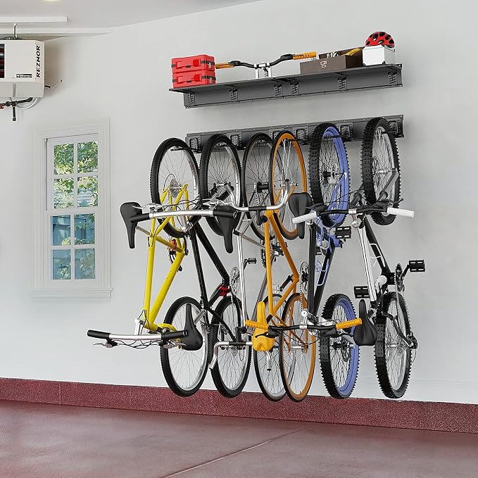 TORACK Wall Mounted Bike Storage Rack with Shelf, 6 Bikes Hangers for Garage, Space Saving Bike Rack Wall Mount, Holds Up to 600 lbs