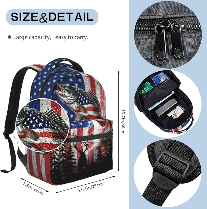 School Backpack Boys Bass Fish American Flag Backpack for Kids Children Elementary Middle School Backpacks Fishing Bookbag Travel Back Pack for Age 6-18