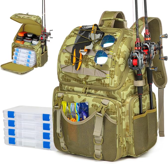 RUCYEN Fishing Backpack, 45L Large Cooler Fishing Tackle bag with Rod Holders & Rain Cover, Water-resistant Store Gear (Khaki Camo(With 4 Tackle Boxes))