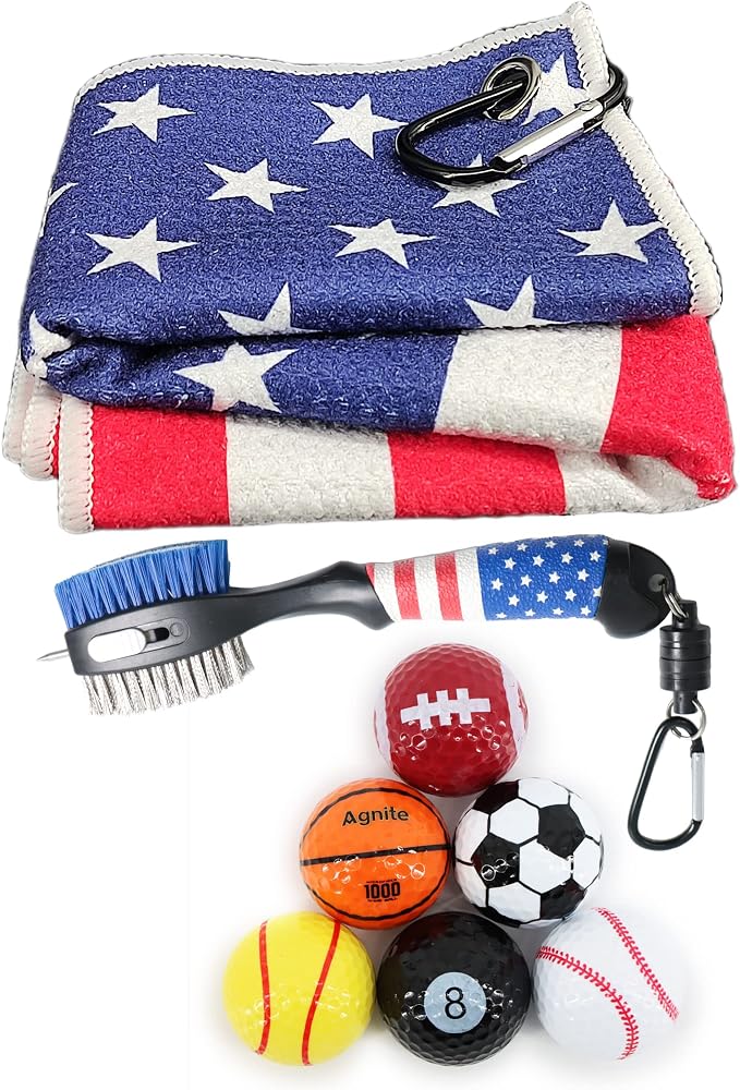 Golf Club Brush and Amercian Flag Golf Towels & Funny Novelty Golf Balls 6Pack, Golf Accessories for All Golfers