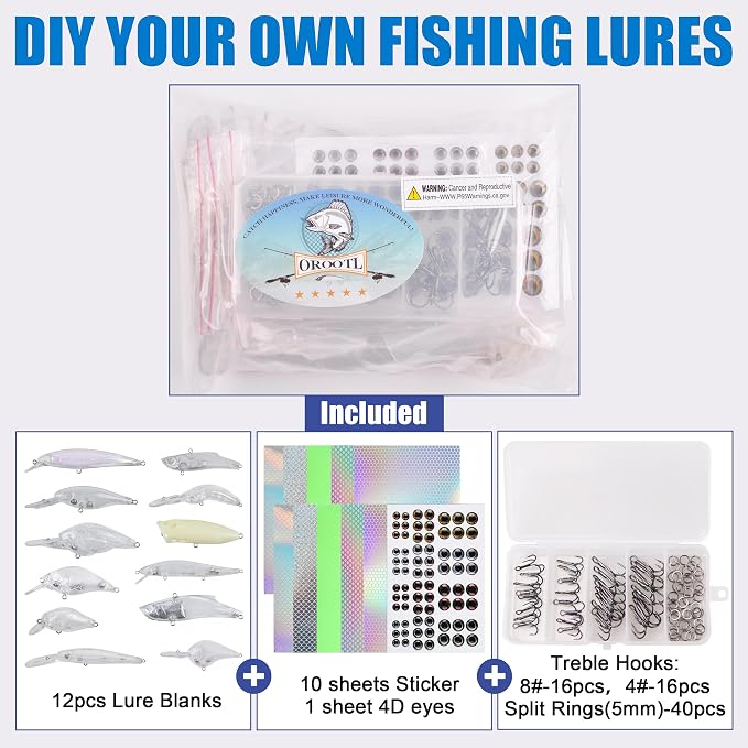 OROOTL Fishing Lure Making Kit, 166pcs DIY Fishing Lure Making Supplies Unpainted Fishing Baits Blanks Eyes Stickers Treble Hooks Make Your Own Fishing Lures