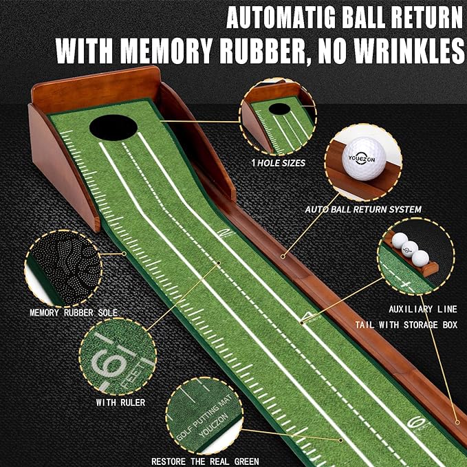 YOUCZON Putting Green Indoor,Golf Putting Mat with Auto Ball Return,Premium Crystal Velvet Surface, Practice Putting mat, Perfect Training Aid & Gift for Golf Lovers Christmas