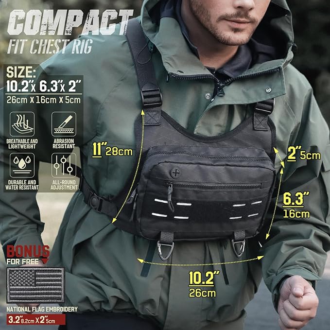 RXW Outdoor Sport Chest Rig for Men Women, Running Vest Bag with Pack Holster, Chest Pack Built in Phone Holder for Cycling, Camping,Travel, Hiking, Workouts, EDC（Black）