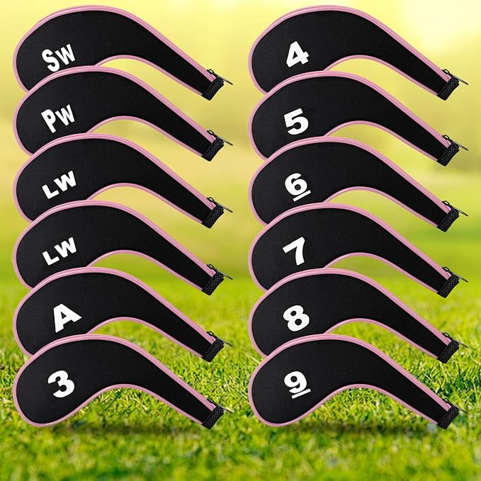 Golf Club 12pcs Thick Synthetic Zipper Long Neck Set Headcover Fit The Most Brands, Side Number Golf Iron Club Head Cover LW SW PW Covers #3,4,5,6,7,8,9