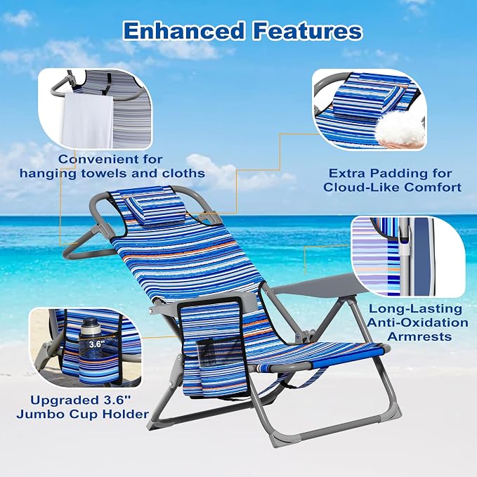 DIAMONDFORGE Lightweight Portable Beach Chair for Adults, 350 LBS Capacity Backpack Beach Chair, Reclining Beach Chair with 5-Position Lay Flat, Large Cup Holder for Beach Camping Sports, 1 Pack
