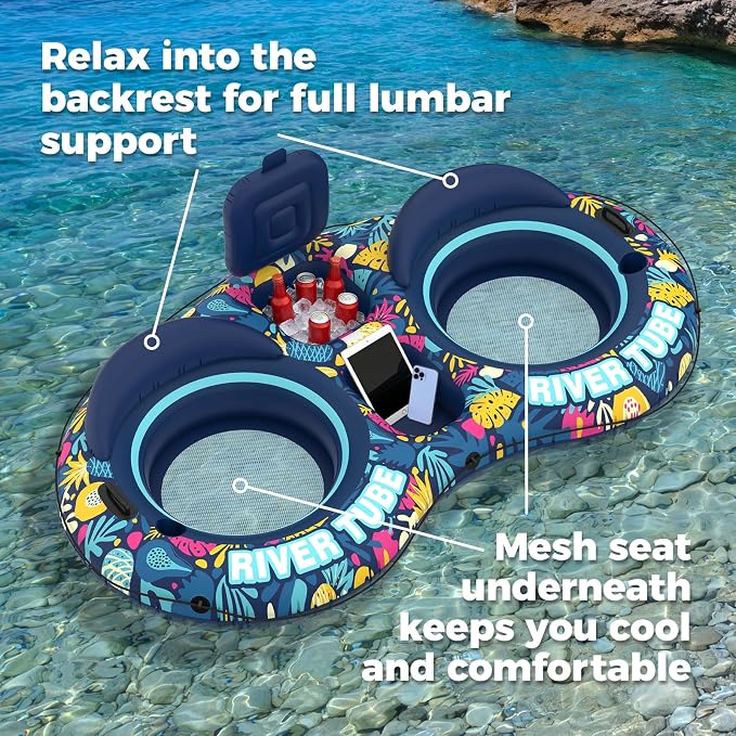 Pool Floats Adult, 2 Person River Tubes Inflatable 5-in-1 Heavy Duty River Raft with Backrests Builtin Cooler 2 Cup Holders Floating Lounge for Lake Swimming Tanning Pool Toys Summer Relaxation