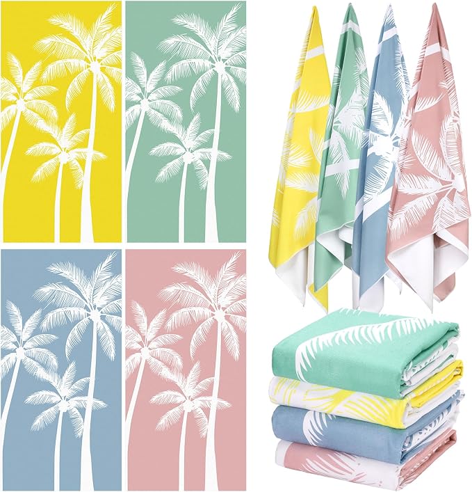 Tegeme 4 Pack Coconut Palm Tree Microfiber Thin Beach Towel Lightweight 72x36 Oversized Extra Large Sand Free Towels Quick Dry for Travel Pool Yoga Sports Beach Accessories Vacation Essential Gift
