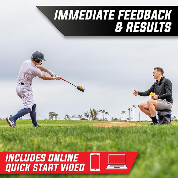 GoSports Baseball & Softball Rope Swing Trainer - Hitting System Training Equipment - Includes FLO BAT with 12 Foam Baseballs & Tote Bag