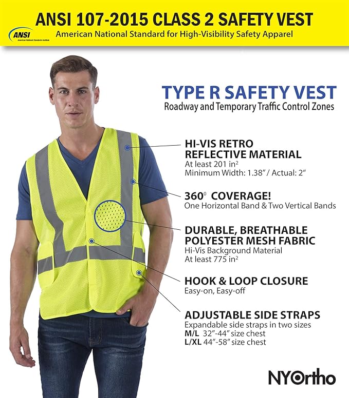 NYOrtho High Reflective Vest - Construction Vest - Universal Fit - ANSI/ISEA Class 2 - Sweat-Free With Reflective Material