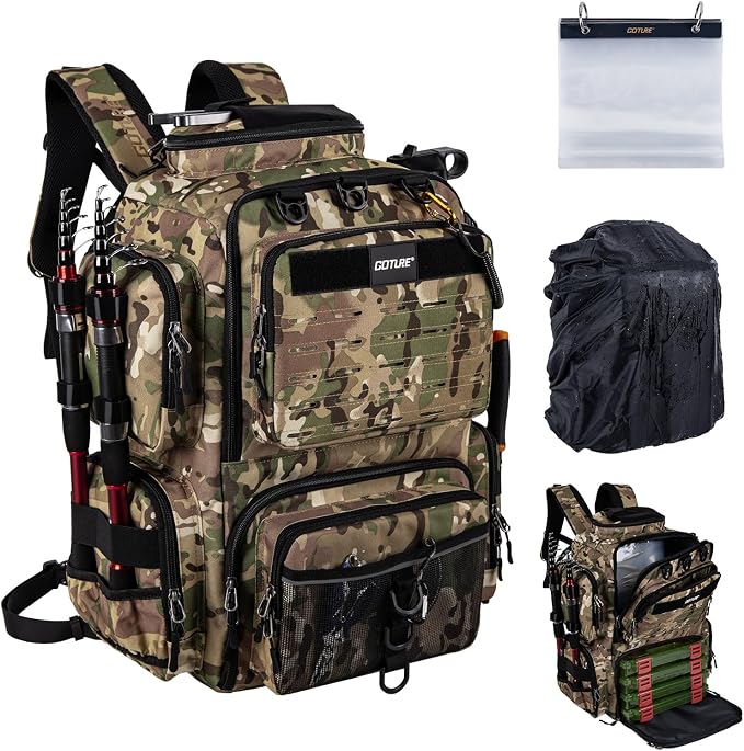 Goture Fishing Backpack,900D Water-Resistant Tackle Backpack with Rod Holders, SBS Zippers,45L Large Fishing Bag Storage Gear Tackle Bag with Rain Cover, Bottle Holder for Travel Camping Hiking