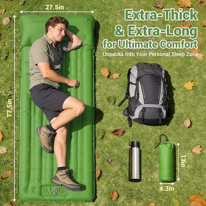 Sleeping Pad for Camping, 4.7" Thick Inflatable Sleeping Mat with 8 in Pillows & Built-in Foot Pump, Self Inflating Air Mattress Mat for Tent Hiking Essentials Gear