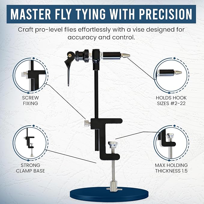 Rotary Fly Tying Vise for Beginners – 360° Sturdy Clamp Base Black Fly Vise/Complete Fly Fishing Tools Kit | Fly Tying Materials Kit | Fly Tying Kit Accessories for Fishing Enthusiasts