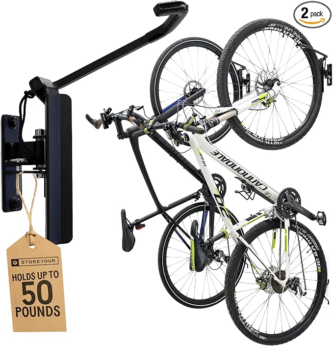 StoreYourBoard Bike Hangers for Garage | Garage Bike Rack Wall Mount, Vertical Bicycle Rack for Garage | 124° Swivel Bike Wall Mount with Stopper, Holds 50lbs, Fits All Wheel Diameters, Max 2.6” Tires
